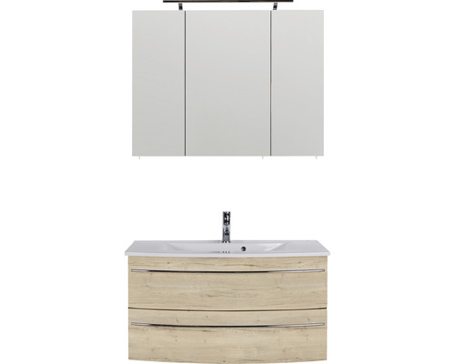 Ensemble de meubles de salle de bains Marlin salle de bains 3040 90 cm chêne structure blanc y compris armoire de toilette et lavabo en céramique blanc