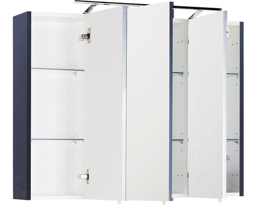 Armoire de toilette avec trois portes, compartiments ouverts et étagères en verre pour la salle de bains
