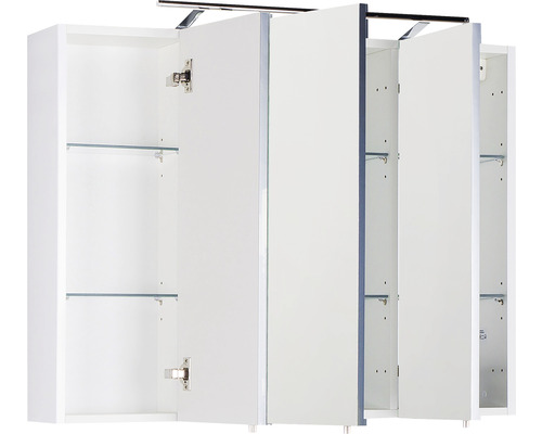 Armoire de toilette blanche avec portes ouvertes et étagères en verre.