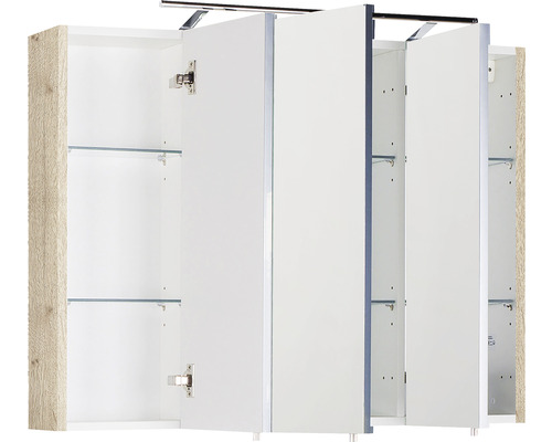 Offener Spiegelschrank mit drei Türen, Glasböden und Beleuchtung für das Badezimmer