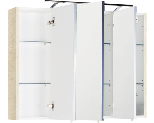 Armoire de toilette ouverte avec étagères en verre et trois portes