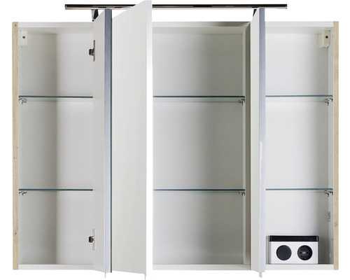 Armoire de toilette avec trois portes, étagères en verre et éclairage