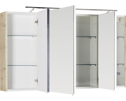 Offener Spiegelschrank mit drei Türen und Glaseinlegeböden