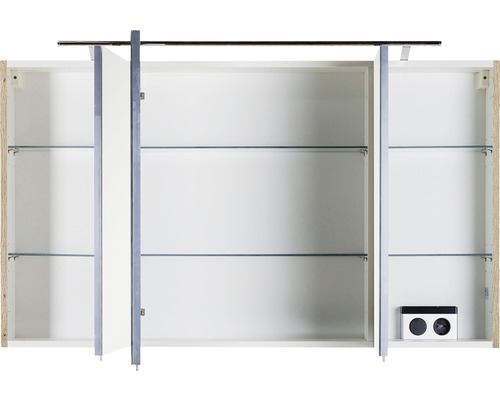 Offener Spiegelschrank mit Glasböden und Steckdose