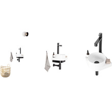 Badezimmer Waschbecken mit Armatur, Lampe, Handtuch und Wäschekorb