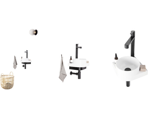 Badezimmer Waschbecken mit Armatur, Lampe, Handtuch und Wäschekorb