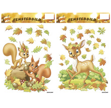 Fensterbild mit Herbstmotiven, Eichhörnchen, Reh und Blättern