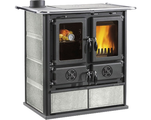 Poêle à feu continu Nordica Extraflame Rosetta granit compartiment de cuisson à gauche avec un plan de cuisson en plaques d'acier Cuisinière à bois avec four et plaque de cuisson