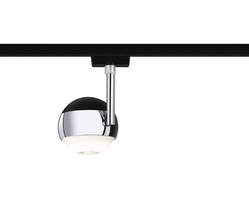Deckenleuchte mit Schienensystem und kugelförmigem Lampenschirm