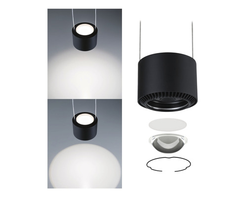 Suspension LED noire avec effet de lumière et vue éclatée