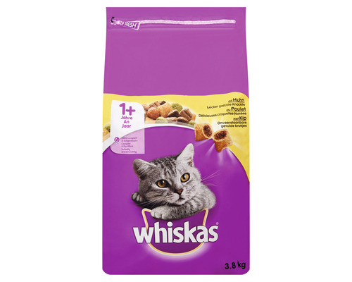 Croquettes pour chats Whiskas 1+ au poulet 3.8 kg Aliments secs Whiskas au poulet pour chats à partir d''un an, en paquet de 3.8 kilogrammes