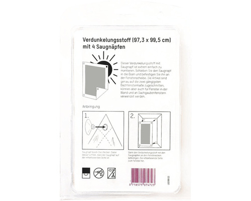 Verpackung für Verdunkelungsstoff mit vier Saugnäpfen, Größe 97,3 mal 99,5 Zentimeter