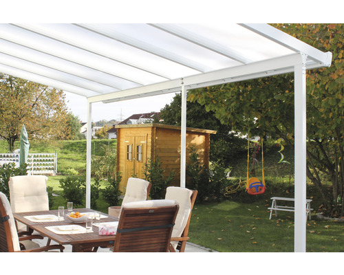 Terrassenüberdachung gutta Bausatz Doppelstegplatten transparent 426 x 306 cm weiss