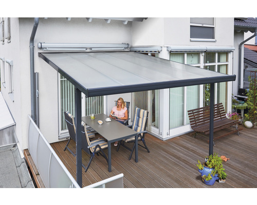 Terrassenüberdachung gutta Bausatz Doppelstegplatten transparent 306 x 406 cm anthrazit
