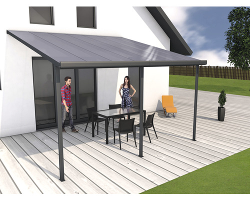 Toiture pour terrasse gutta construction modulaire plaques alvéolaires transparent 426 x 406 cm anthracite