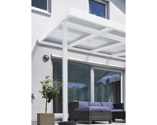 Toiture de terrasse gutta Premium polycarbonate transparent 309 x 306 cm blanc Toit de terrasse en aluminium avec coin salon sur la terrasse