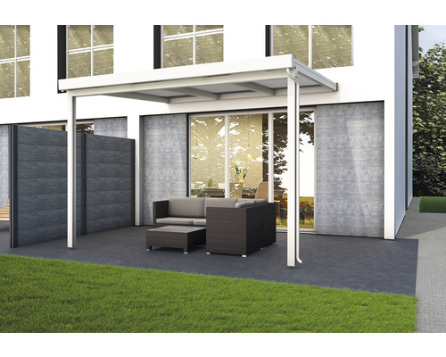 Toiture de terrasse gutta Premium polycarbonate bronze 309 x 306 cm blanc Pergola de terrasse avec mobilier de jardin devant une maison