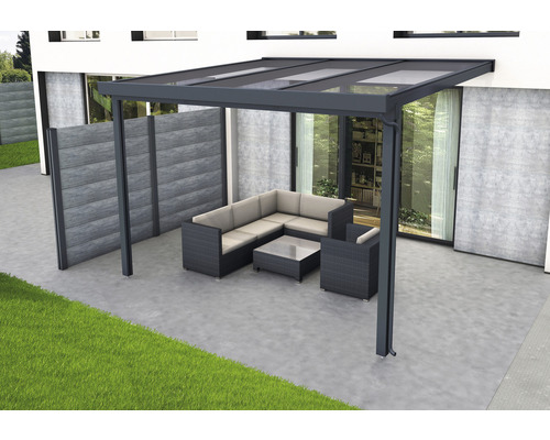 Toiture de terrasse gutta Premium polycarbonate transparent 309 x 306 cm anthracite