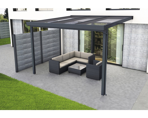 Toiture de terrasse gutta Premium polycarbonate bronze 309 x 306 cm anthracite Terrasse couverte avec mobilier de salon, élément latéral et vue sur le jardin