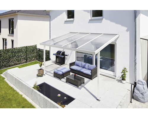 Toiture de terrasse gutta Premium acrylique transparent 410,2 x 306 cm blanc Terrasse avec auvent, salon de jardin et barbecue