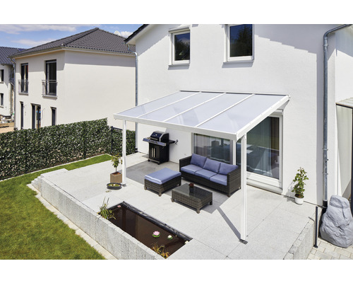 Toiture de terrasse gutta Premium polycarbonate opale 410,2 x 306 cm blanc Terrasse avec toit de terrasse, barbecue, coin salon et bassin de jardin