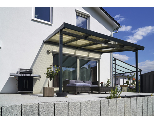 Toiture de terrasse gutta Premium acrylique bronze 410,2 x 306 cm anthracite Terrasse avec toit de terrasse, barbecue et mobilier de jardin