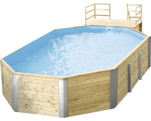 Kit de piscine hors sol en bois Weka 594 ovale 850x376x116 cm avec groupe de filtration à sable, skimmer encastré, sable de filtration, montée, intissé et local technique