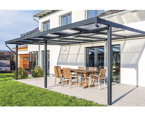 Toiture de terrasse gutta Premium acrylique transparent 611 x 306 cm anthracite Pergola de terrasse avec table et chaises dans le jardin