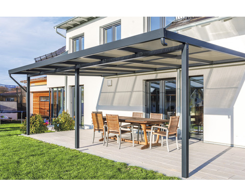 Toiture de terrasse gutta Premium acrylique bronze 611 x 306 cm anthracite Toit de terrasse avec coin salon dans le jardin