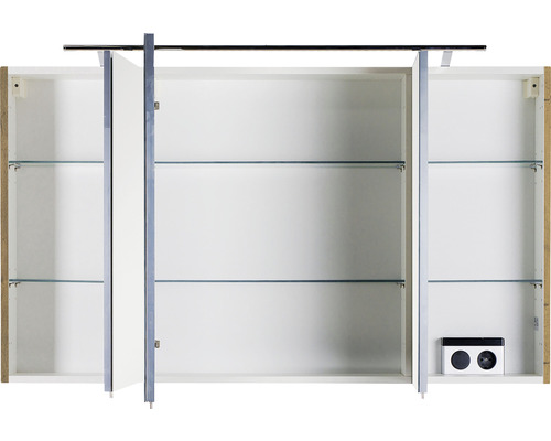 Offener Spiegelschrank mit Glasablagen und Steckdose