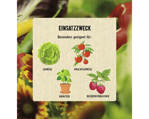 Illustration zeigt verschiedene Anwendungsbereiche: Gemüse, Fruchtgemüse, Kräuter und Beerensträucher.