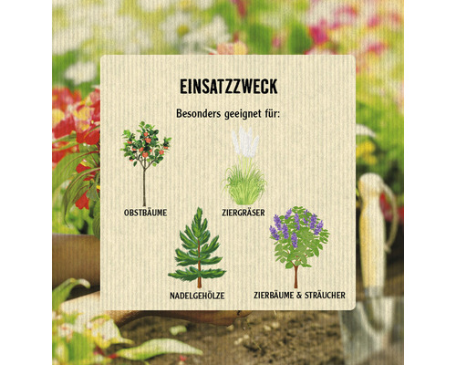 Anwendungsbereichsanzeige mit Illustrationen von Obstbäumen, Ziergräsern, Nadelbäumen sowie Zierbäumen und Sträuchern
