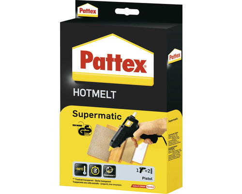 Pistolet à colle chaude Pattex Hotmelt Supermatic avec 2 bâtonnets à colle chaude Pistolet à colle chaude Pattex Hotmelt Supermatic dans son emballage carton