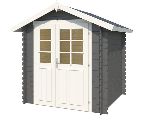 Abri de jardin gris avec double porte et fenêtres