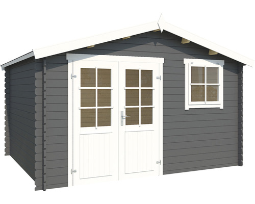 Graues Gartenhaus aus Holz mit Doppeltür und Fenster
