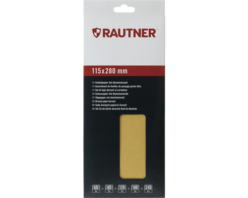 Feuille de papier abrasif RAUTNER pour cale à poncer ponceuse vibrante oxyde d'aluminium, 115 x 280 mm, granulométrie 60 80 120 180 240, non perforée, 10 pièces