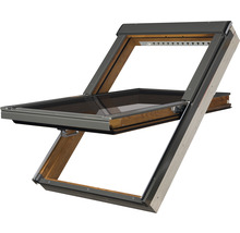 Geöffnetes Dachfenster mit Holzrahmen und Metalleinfassung