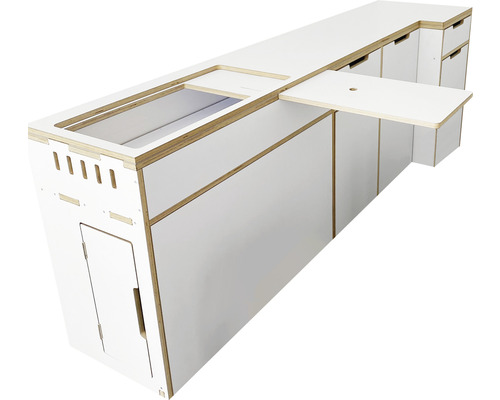 Weisser Küchenblock mit Spüle, Tür und Schubladen