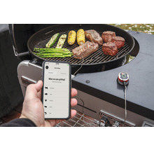 Grillszene mit Gemüse, Fleisch und App zur Temperaturkontrolle