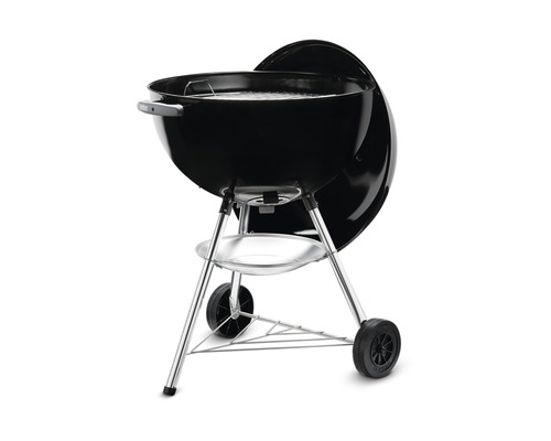 Barbecue boule noir avec couvercle et roues.