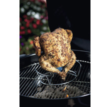 Gegrilltes Hähnchen auf einem Grillhähnchenhalter auf einem Holzkohlegrill