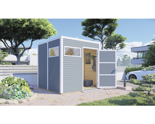 Abri de jardin avec fenêtre et porte ouverte dans le jardin