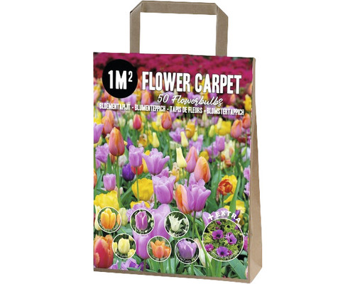 Blumenzwiebel Blumenteppich-Mix 'Vernazza' mit Tulpen 'Sunny Prince', 'Pink Prince', 'Candy Prince', 'Jimmy', 'Blushing Apeldoorn' & 'Lilyflowering White', Anemone 'Sylphide' 50 Stk. für 1 m² Blumenzwiebelmischung für einen Quadratmeter Blumenbeet in einer Papiertragetasche.