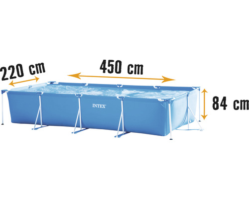 Aufstellpool Framepool Intex Rectangular eckig 450x220x84 cm ohne Zubehör blau Rechteckiger Intex Pool mit den Maßen 220 cm x 450 cm x 84 cm.