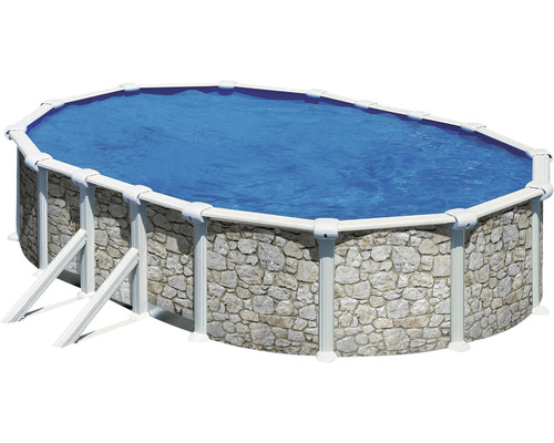 Kit de piscine hors sol à paroi en acier Planet Pool Solo ovale 500x300x120 cm avec skimmer encastré aspect pierre
