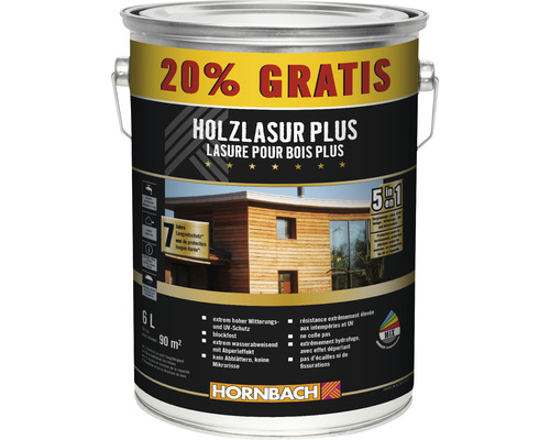 Holzlasur Plus im 6 Liter Eimer mit 20 Prozent Gratis Inhalt für Holz im Aussenbereich