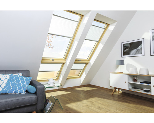 Pièce à vivre avec fenêtres de toit et stores plissés pour la protection solaire