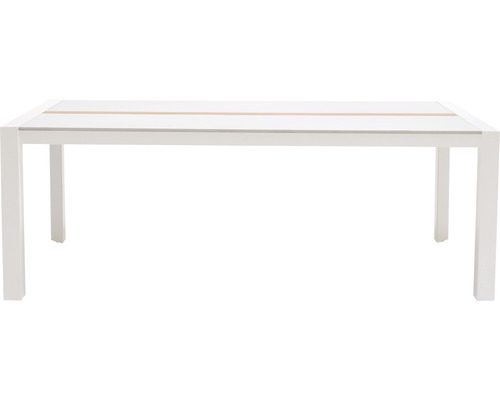 Weißer Gartentisch mit Tischplatte aus Holz