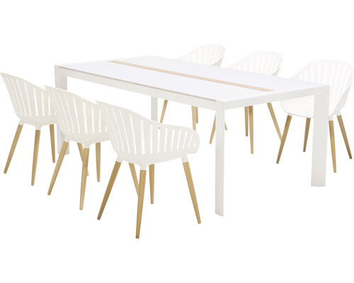 Ensemble repas Garden Place Emmi 6 places composé de: 6 chaises, table aluminium bois composite plastique blanc