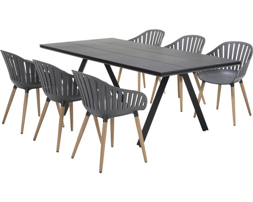 Ensemble repas Garden Place Emmi 6 places composé de: 6 chaises, table aluminium plastique bois composite anthracite